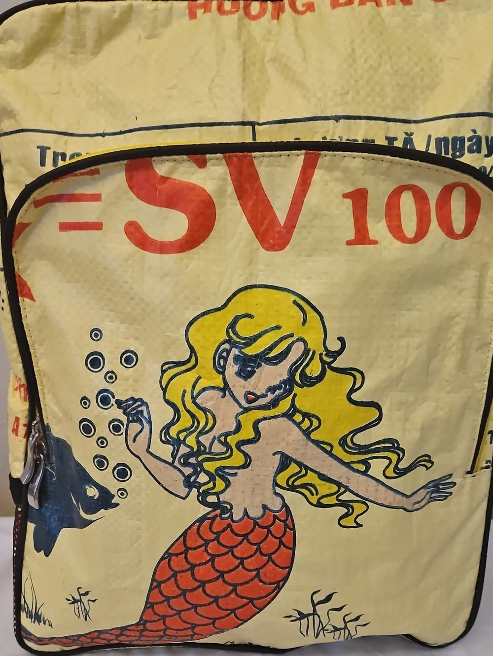 Mermaid Design Recycled Rice Bag Backpack - Yellow